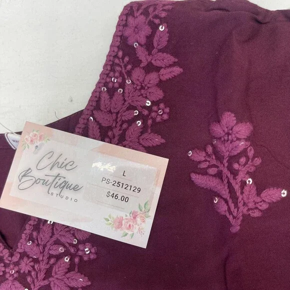 Chic Boutique Studio Kurta Pants Set Womens L Purple Floral Embroidered 2 Piece - Picture 4 of 13